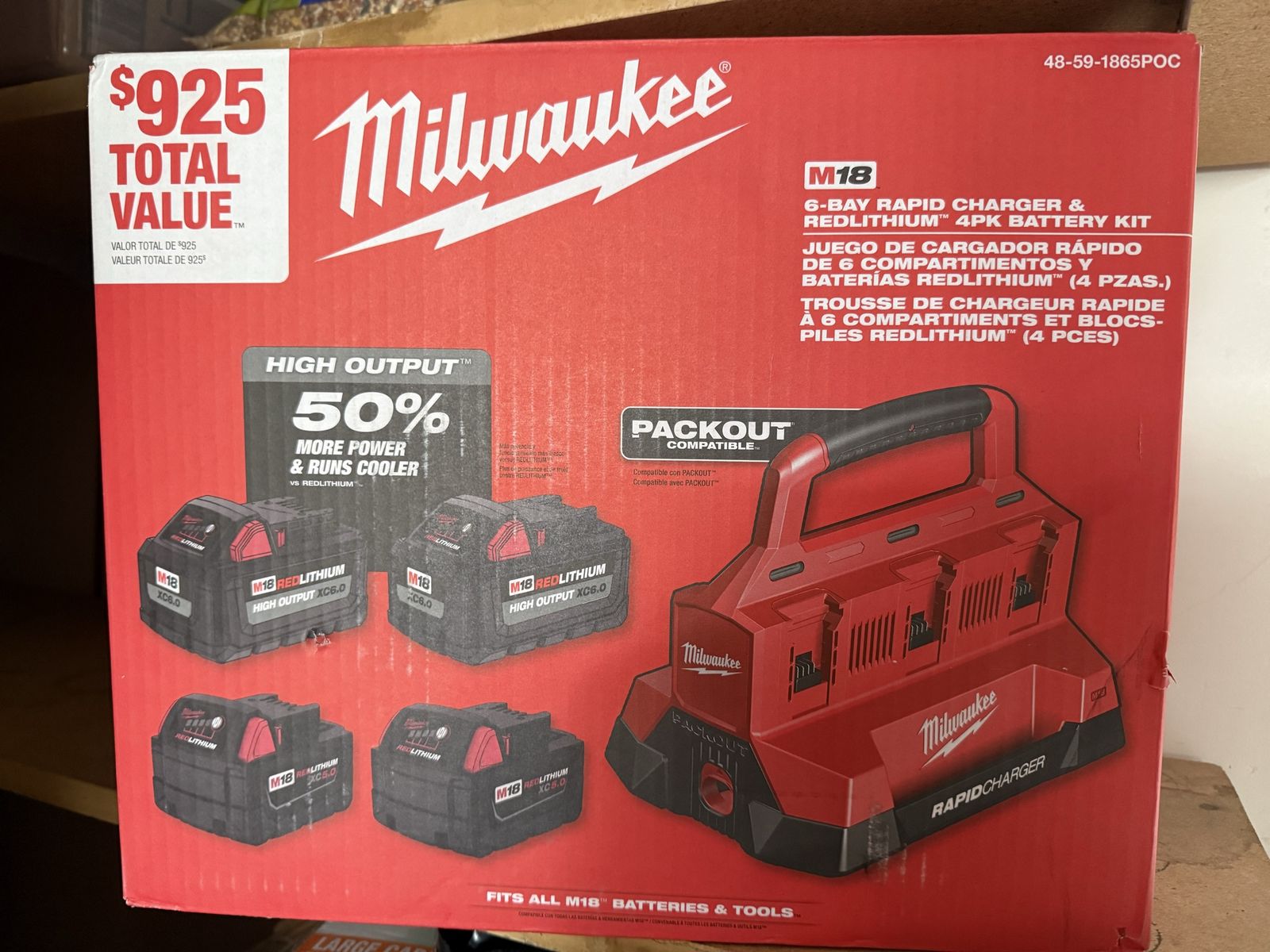 M18 18-Volt Lithium-Ion Battery Pack (2) 5.0Ah and High Output Battery Pack (2) 6.0Ah w/ PACKOUT 6-Port Rapid Charger. Milwaukee