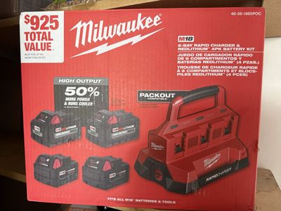 M18 18-Volt Lithium-Ion Battery Pack (2) 5.0Ah and High Output Battery Pack (2) 6.0Ah w/ PACKOUT 6-Port Rapid Charger. Milwaukee
