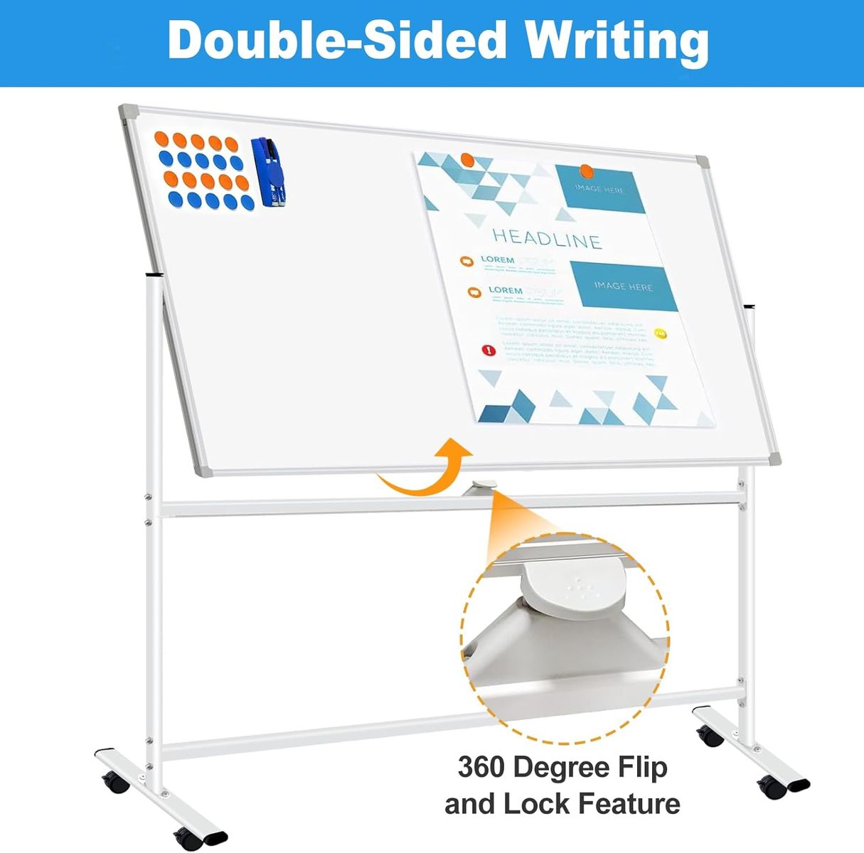 72" x 40" Double-Sided Rolling Whiteboard on Wheels