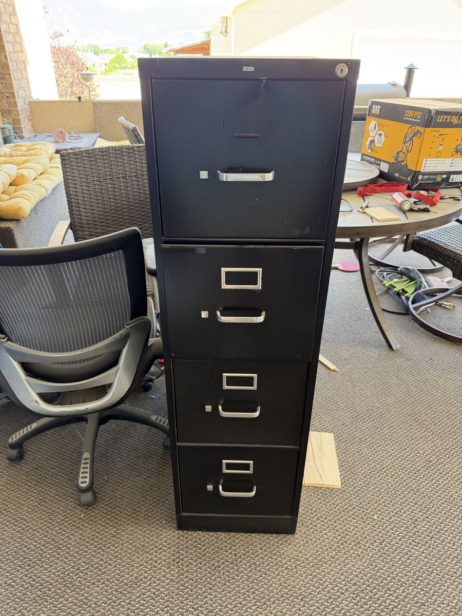 HON 4-Drawer Vertical Filing Cabinet - Black Metal, Keyed Lock, Letter/Legal File Storage