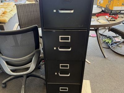 HON 4-Drawer Vertical Filing Cabinet - Black Metal, Keyed Lock, Letter/Legal File Storage