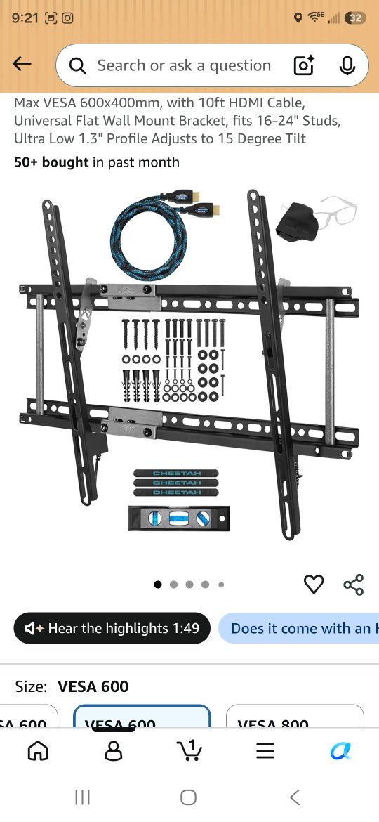 New 20-80" TV Wall Mount, Flush 1.5" Profile, 15° Tilt, 163 lbs, VESA 600x400
