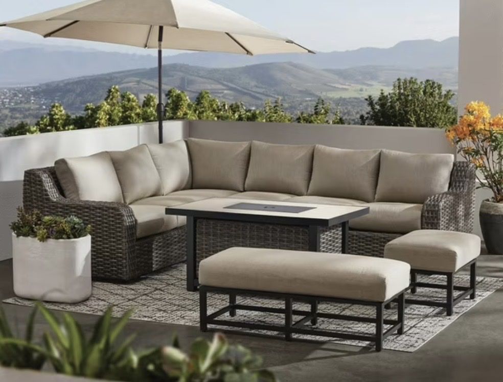 Athena Sectional with Sintered Stone Top and Sunbrella Fabric, 7pc