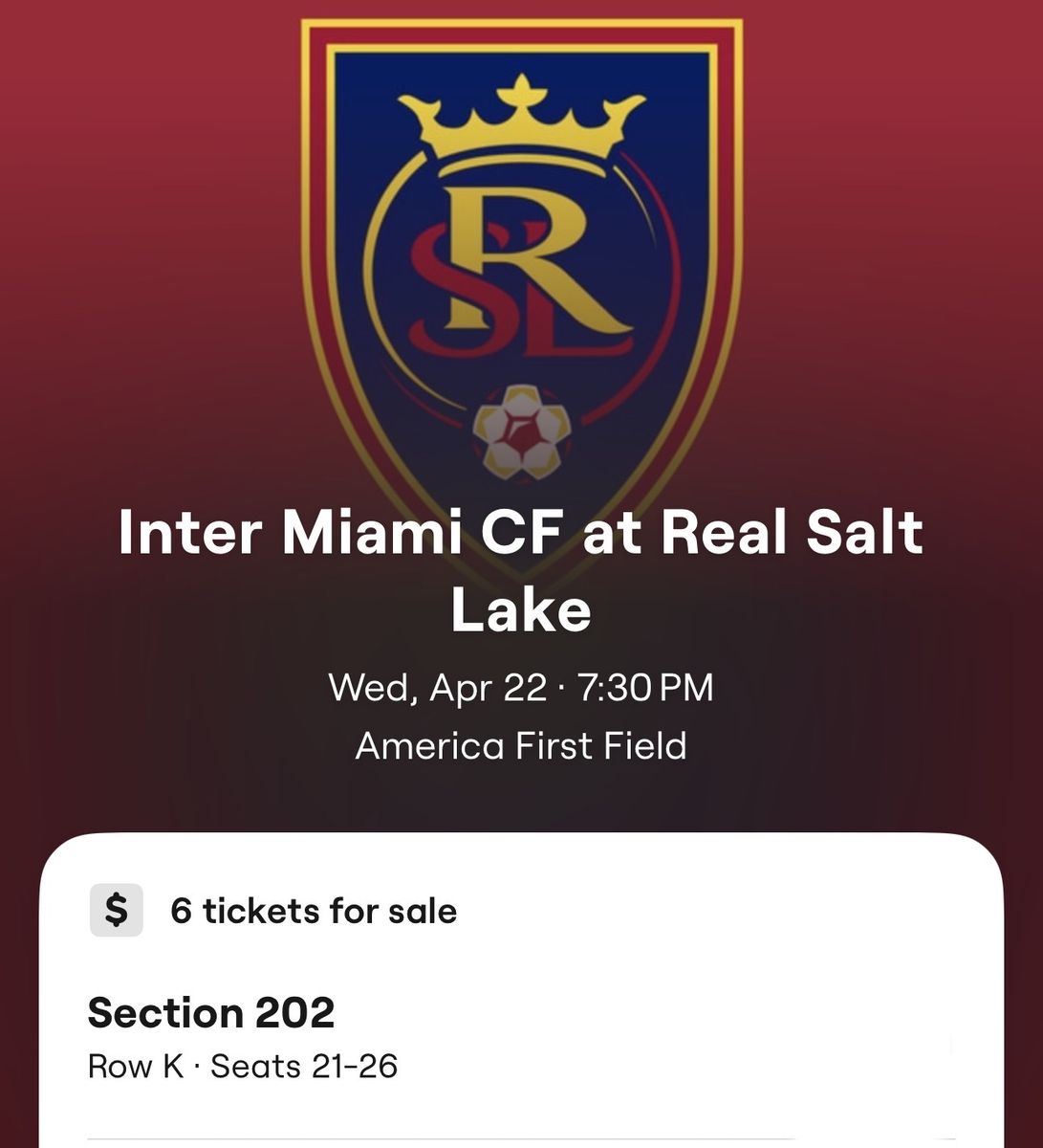 RSL Vs Miami, 6 Tickets Available