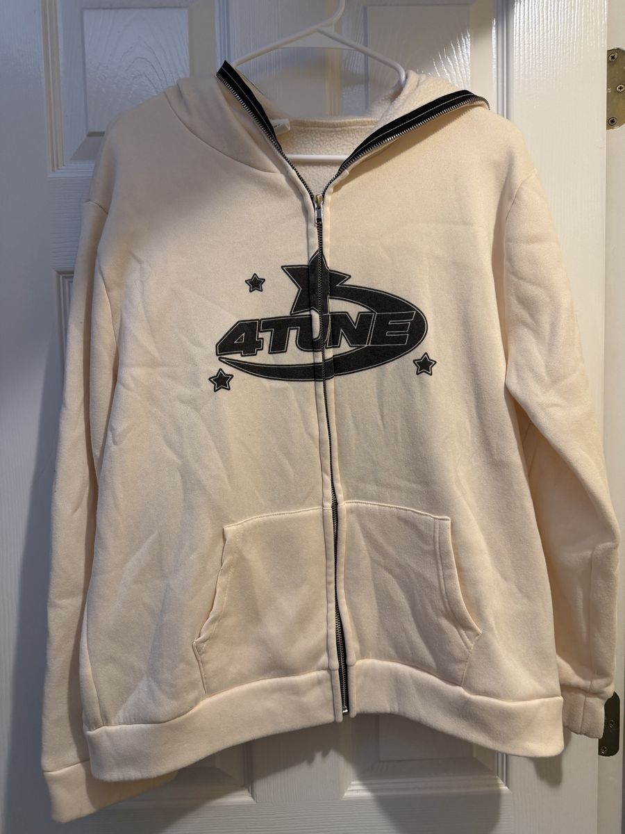 4Tune Cream Full Zip Hoodie with Graphic Print - Size XL but fits like Large