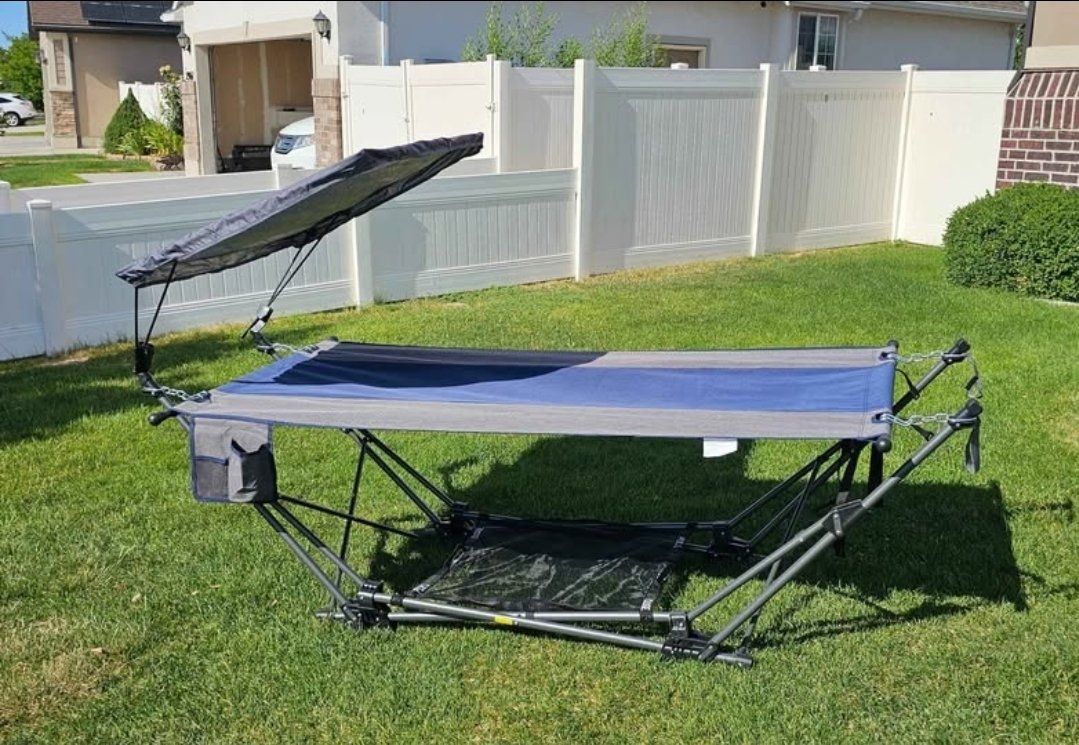 New Folding Camping Cot with Sun Canopy – Portable Outdoor Bed #413