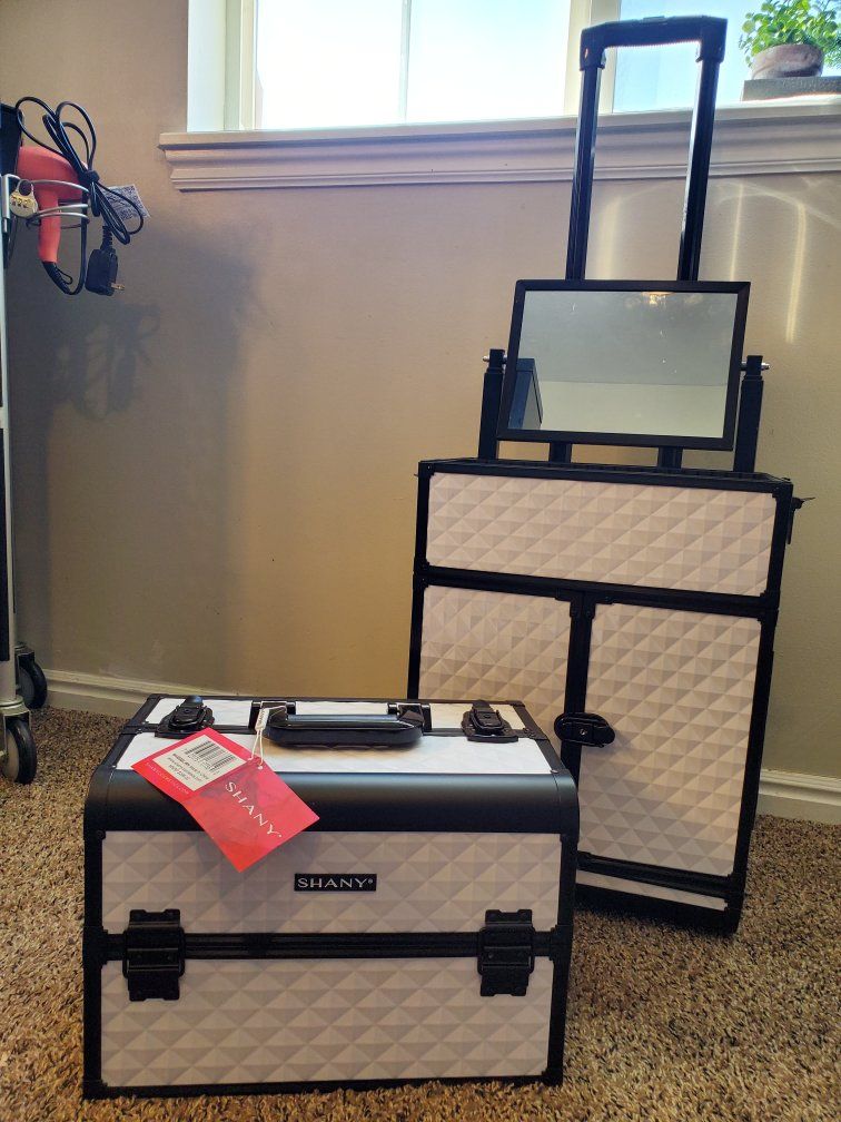 SHANY White & Black Large Makeup Travel Case with Rolling Wheels & Mirror, Two-Piece Set