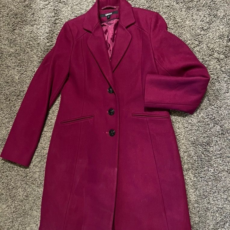 DKNY Women's Magenta Wool Blend Single-Breasted Trench Coat Size 4