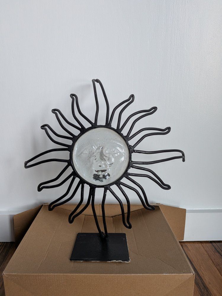 Metal Sun Face Sculpture with Glass Center - Indoor/Outdoor Decor