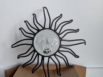 Metal Sun Face Sculpture with Glass Center - Indoor/Outdoor Decor