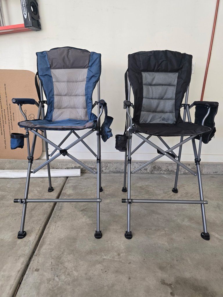 Set of 2 Tall Folding Director Camping Chairs with Footrests & Cup Holders