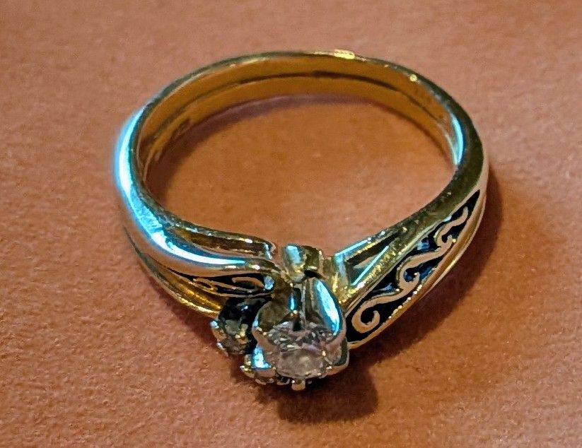 14K Gold Diamond Engagement Ring with Black Enamel Detail