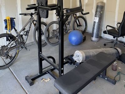 Free standing pullup bar and Rep bench