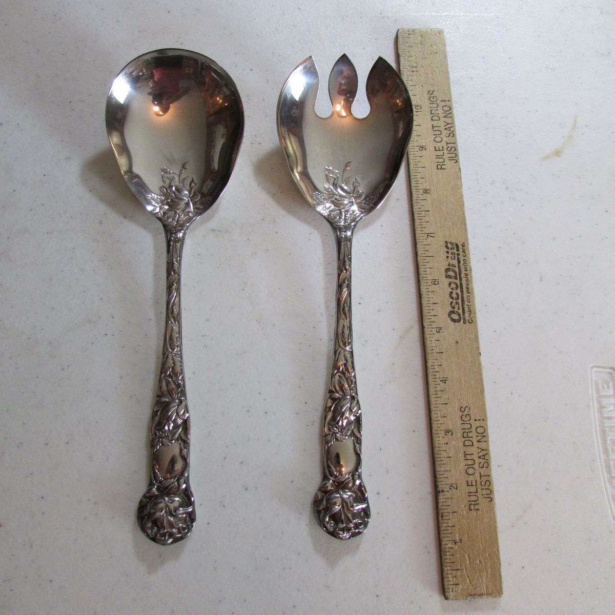 W.A. Italy Silverplated Bridal Floral Salad Serving Fork and Spoon