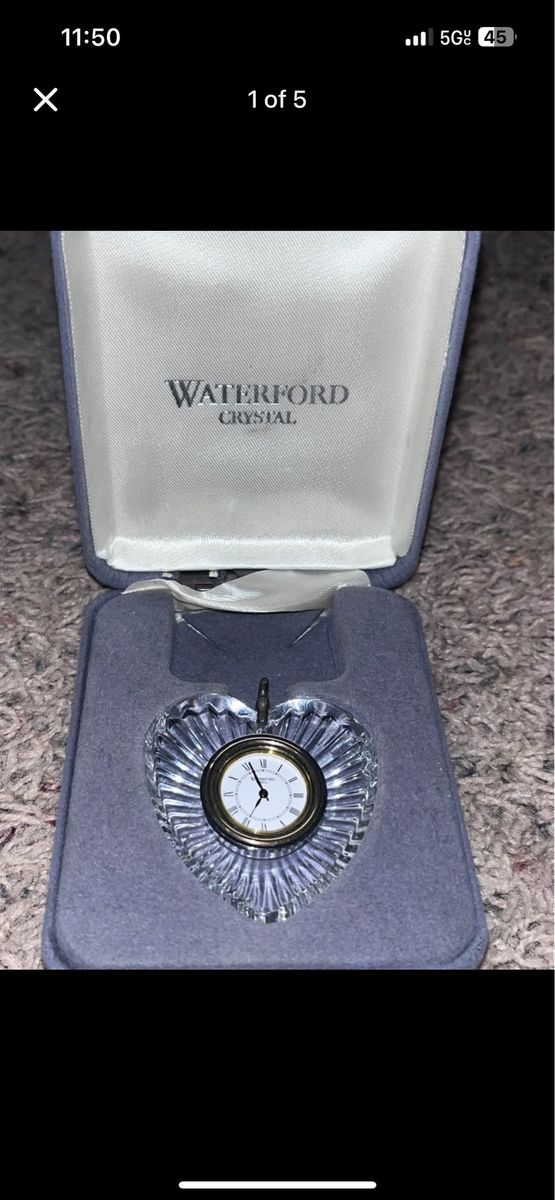 Waterford Crystal Heart Shape Miniature Clock Pendant with Box