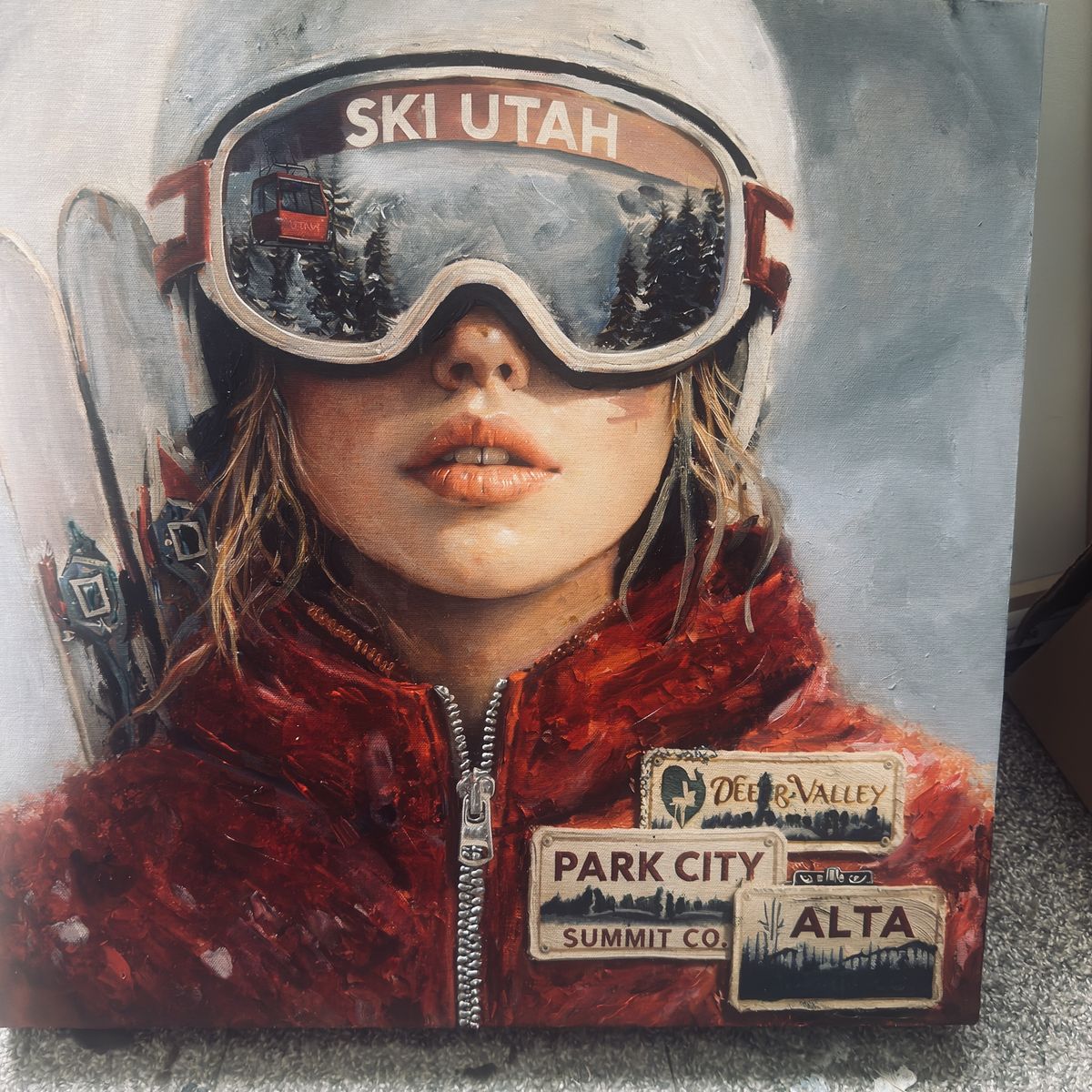 Original and embellished ski Utah painting 36 x 36 Painting Ogden Valley Snowbasin