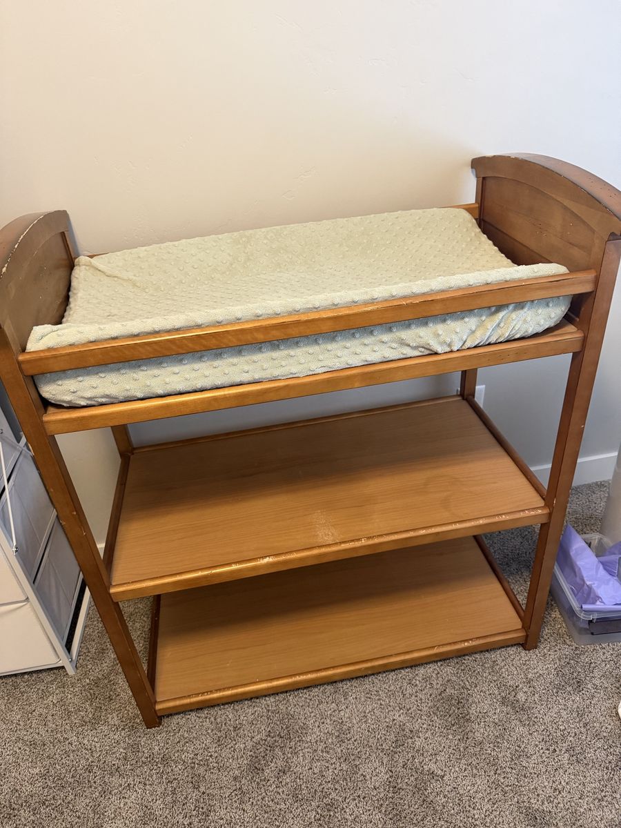 Wooden Baby Changing Table with Storage Shelves and Pad