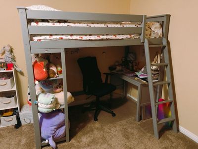 Grey Wood Twin Loft Bed w Desk/Shelves