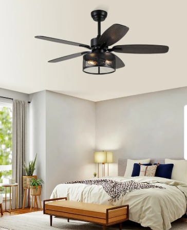 56 Inch Ceiling Fan with Caged Light and Plywood Blades