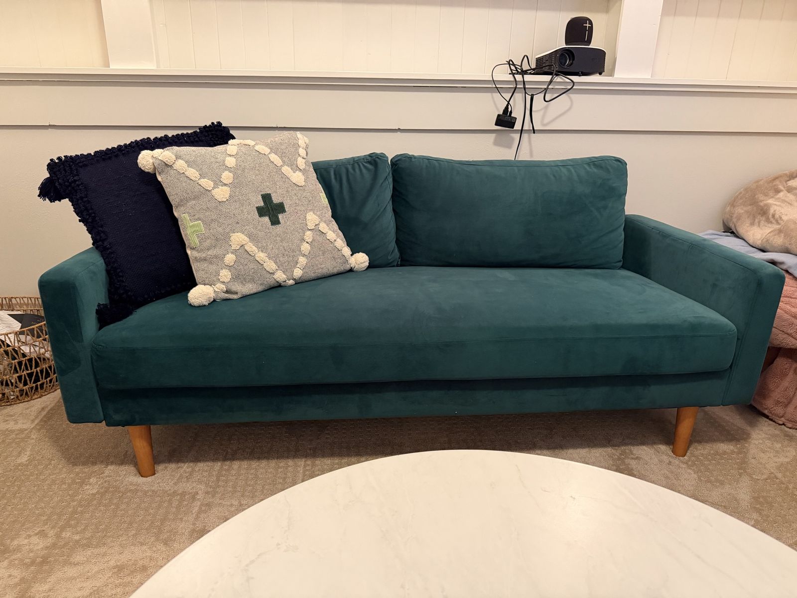 Mid-Century Modern Green Velvet Sofa with Tapered Wooden Legs