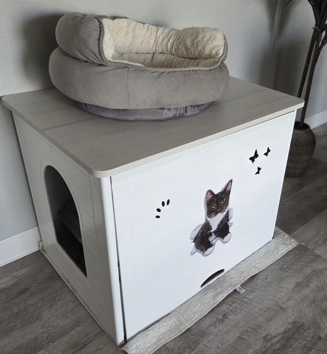 Cat Litter Box Enclosure Hidden Cabinet Pet House with Reversible Top, White