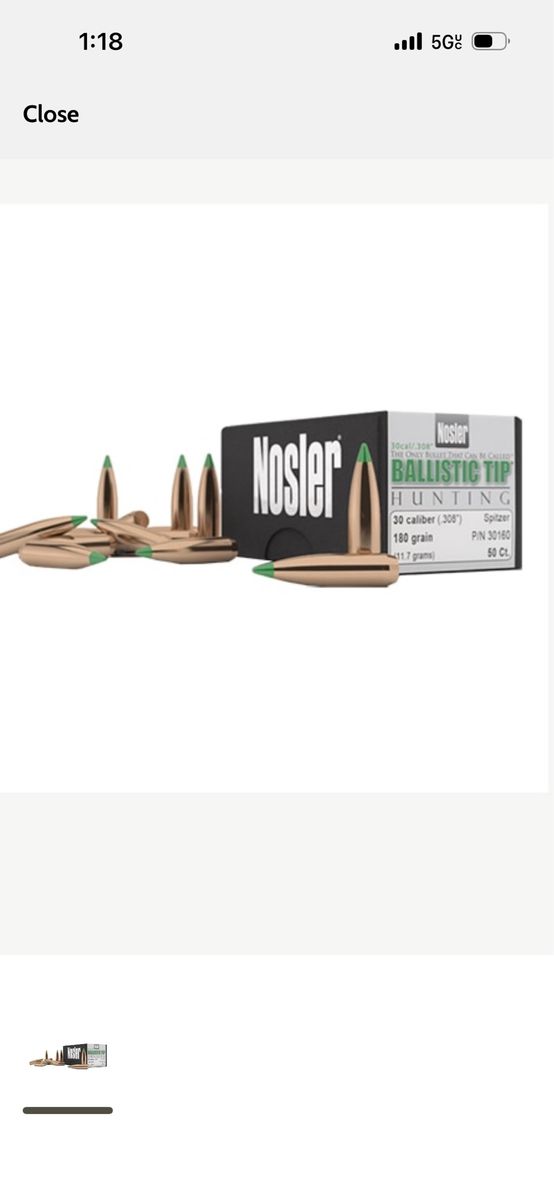Nosler Ballistic Tip Hunting Bullets .30 Caliber (.308) 180 Grain Spitzer 50 Count Box