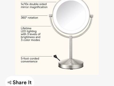 Conair Reflections 1x/10x LED Lighted Makeup Mirror, Satin Nickel, 8.5in Diameter