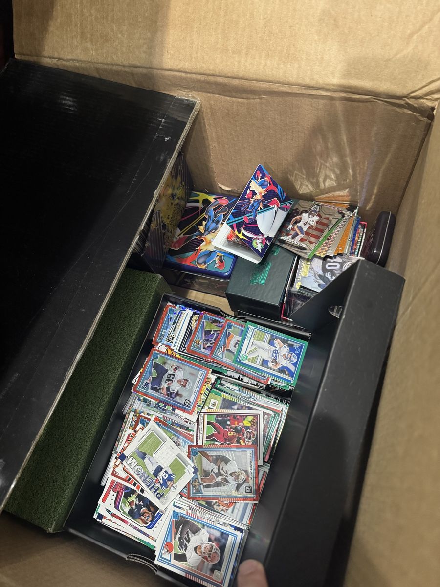 Large Sports and Trading Card Lot Box with Assorted Football and TCG Cards