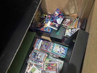 Large Sports and Trading Card Lot Box with Assorted Football and TCG Cards