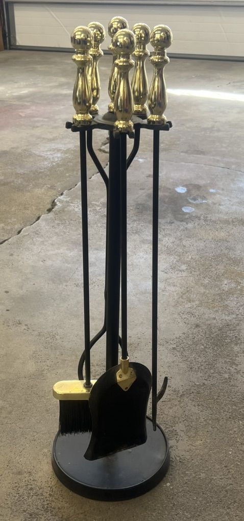 Five Piece Brass And Black Iron Fireplace Set