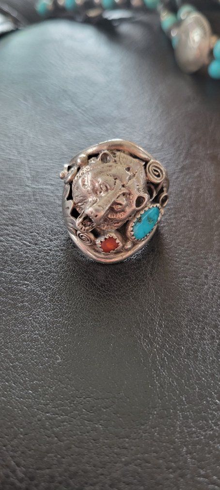 RB Sterling Silver .925 Bear Turquoise & Coral Statement Ring Size 10.