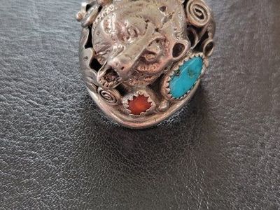 RB Sterling Silver .925 Bear Turquoise & Coral Statement Ring Size 10.