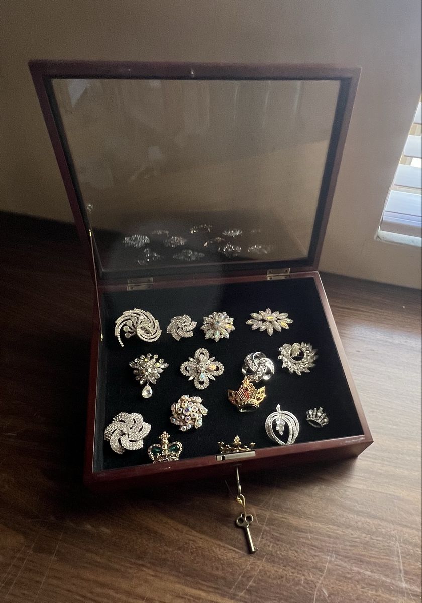 Rhinestone brooch collection in locking display