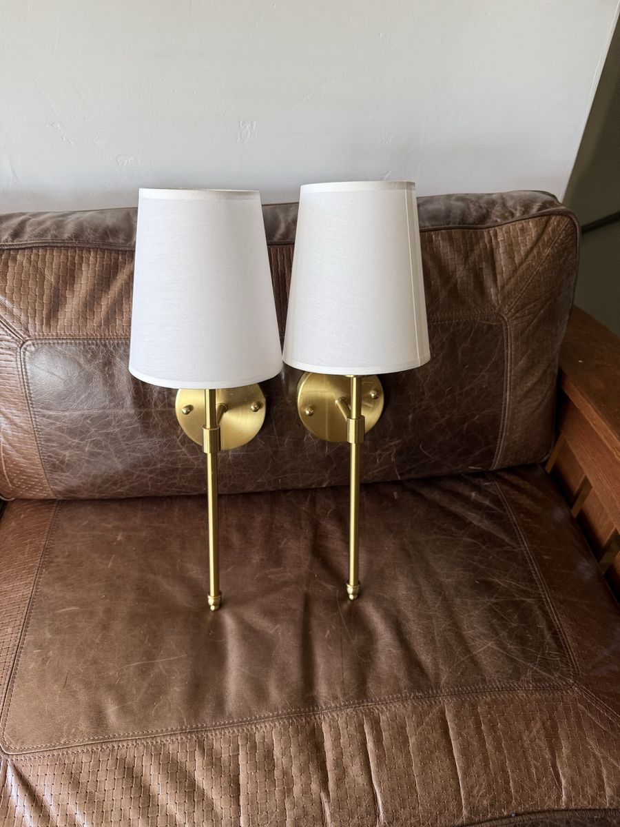 Brass Swing Arm Wall Sconces with White Fabric Shades - Set of 2