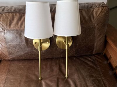 Brass Swing Arm Wall Sconces with White Fabric Shades - Set of 2