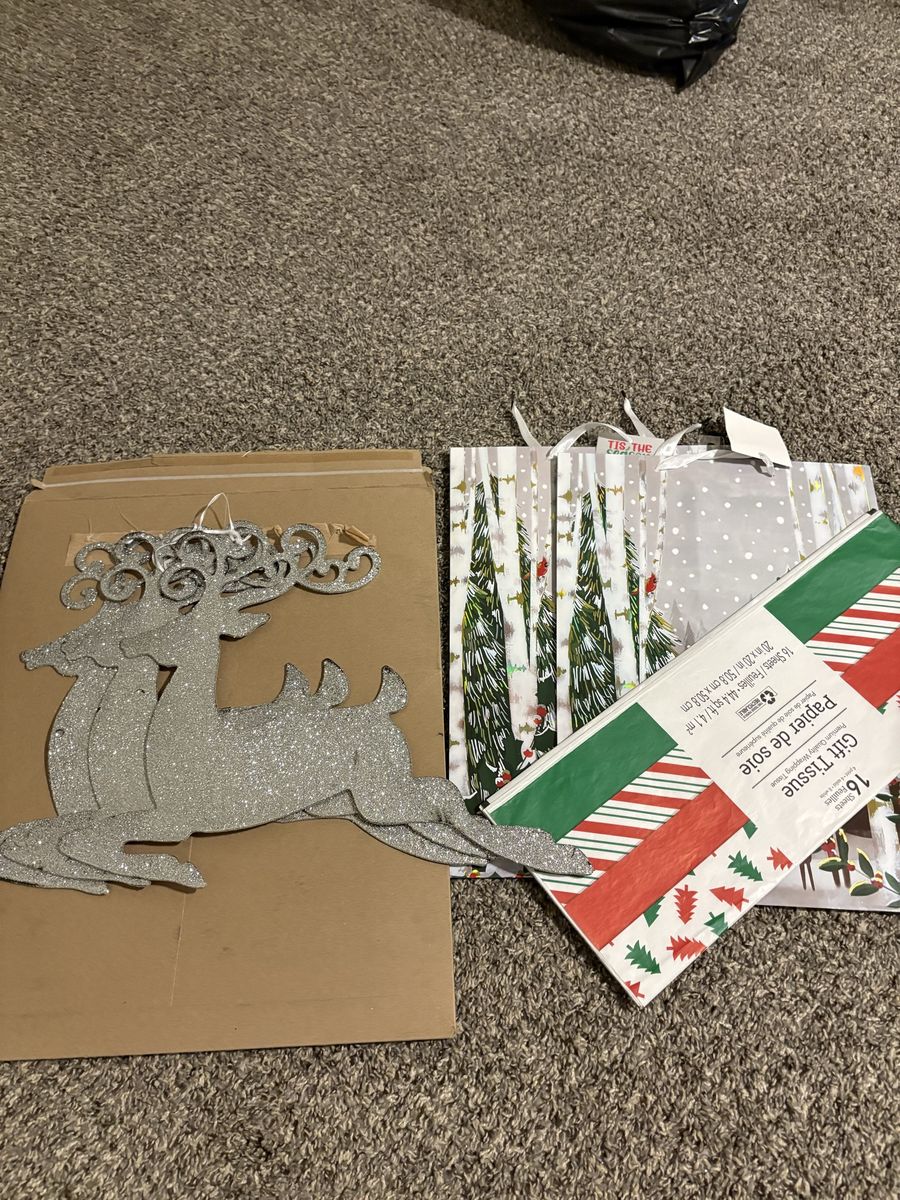 Christmas Decor Bundle: Glitter Reindeer, Gift Bags, and Tissue Paper (New)