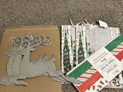 Christmas Decor Bundle: Glitter Reindeer, Gift Bags, and Tissue Paper (New)