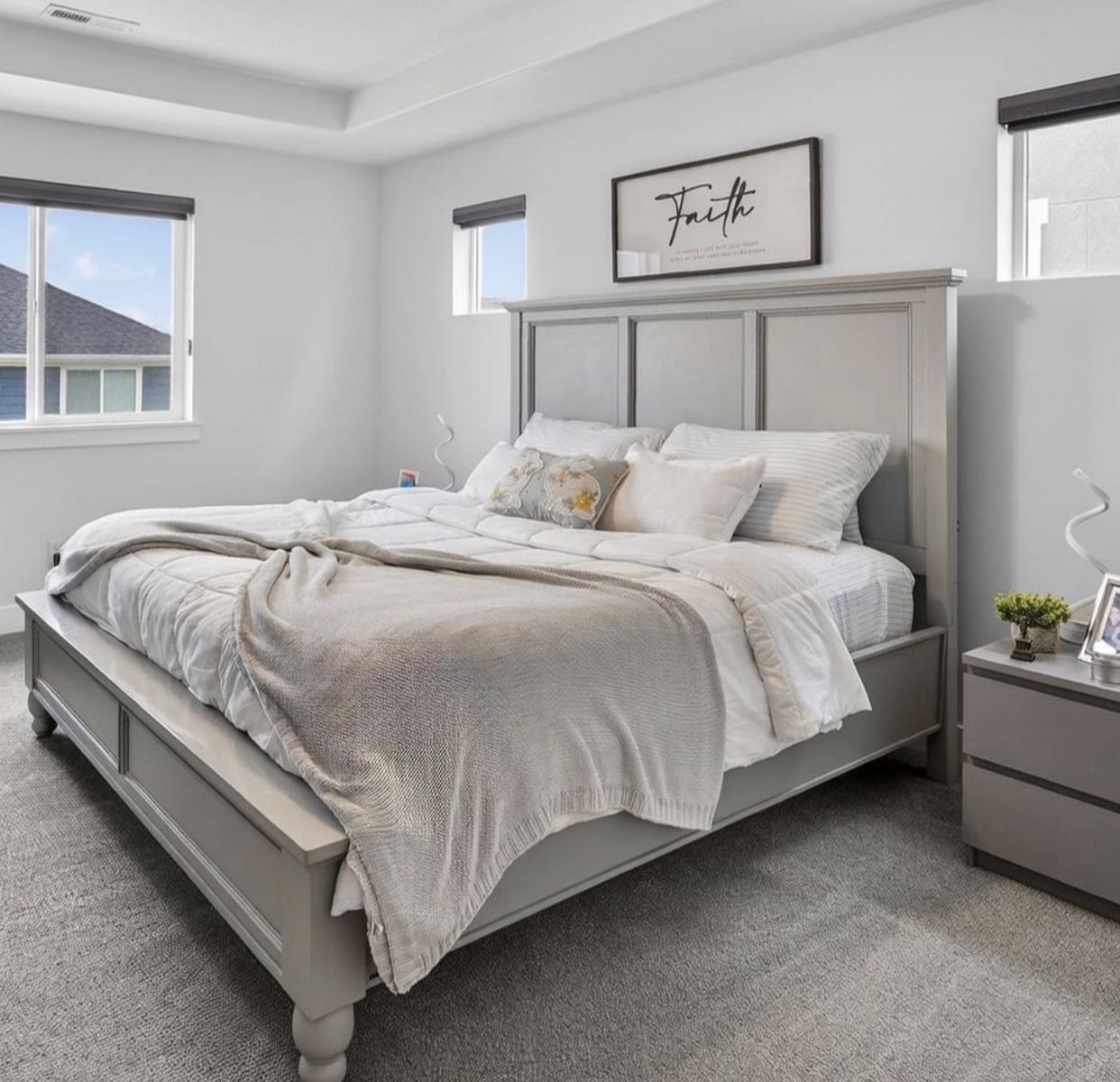 Gray King Size Panel Bed Frame & Nightstands - Modern Wood Furniture Set mattress and king base