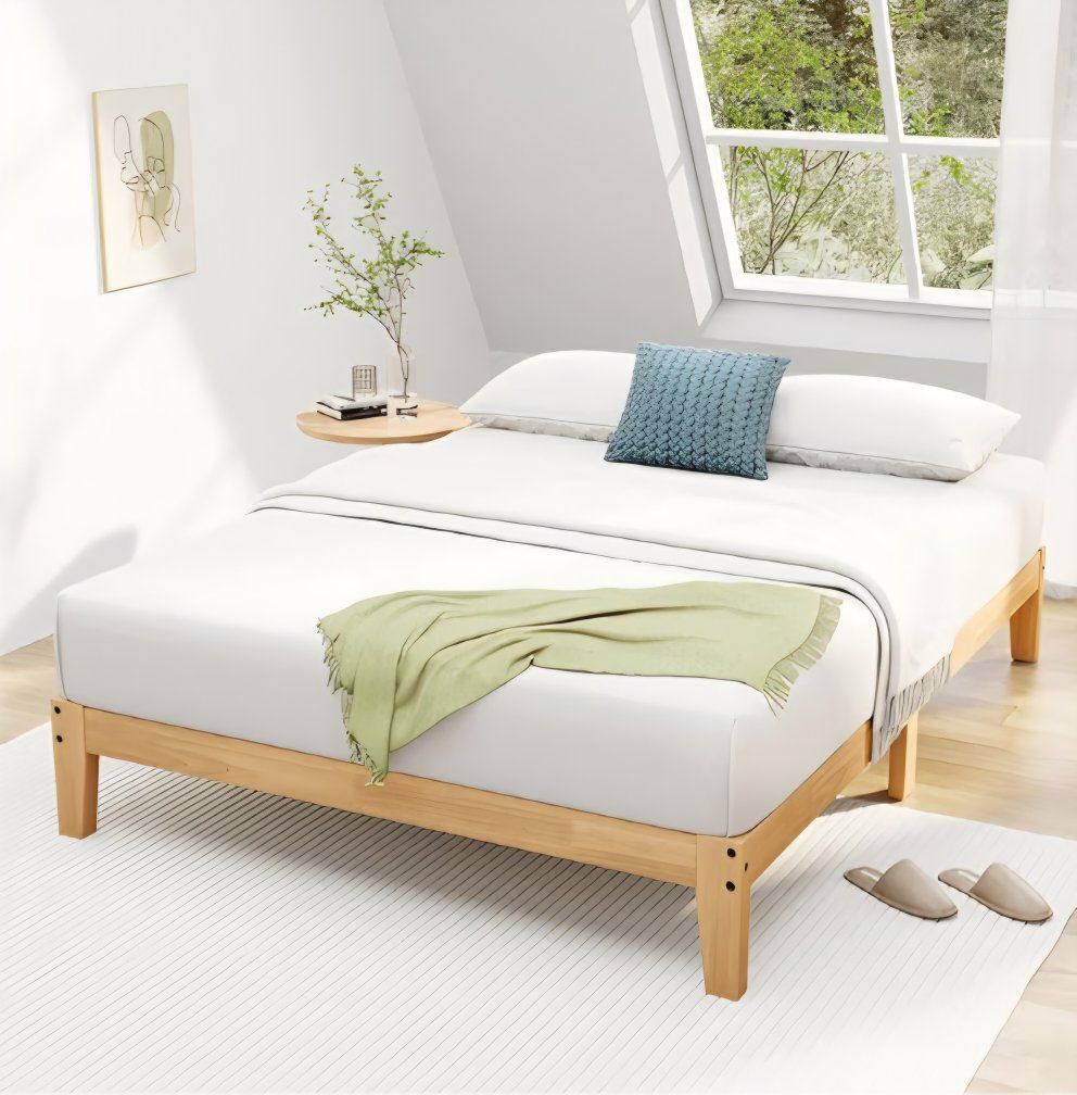 Queen Bed Frame, 12 Inch Solid Wood Platform Bed with Wooden Slats, Natural Finish Wood Bed Frame No Box Spring Needed, Noise Fr
