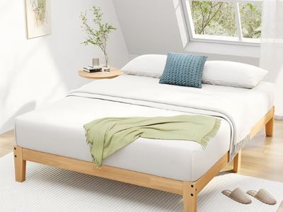 Queen Bed Frame, 12 Inch Solid Wood Platform Bed with Wooden Slats, Natural Finish Wood Bed Frame No Box Spring Needed, Noise Fr
