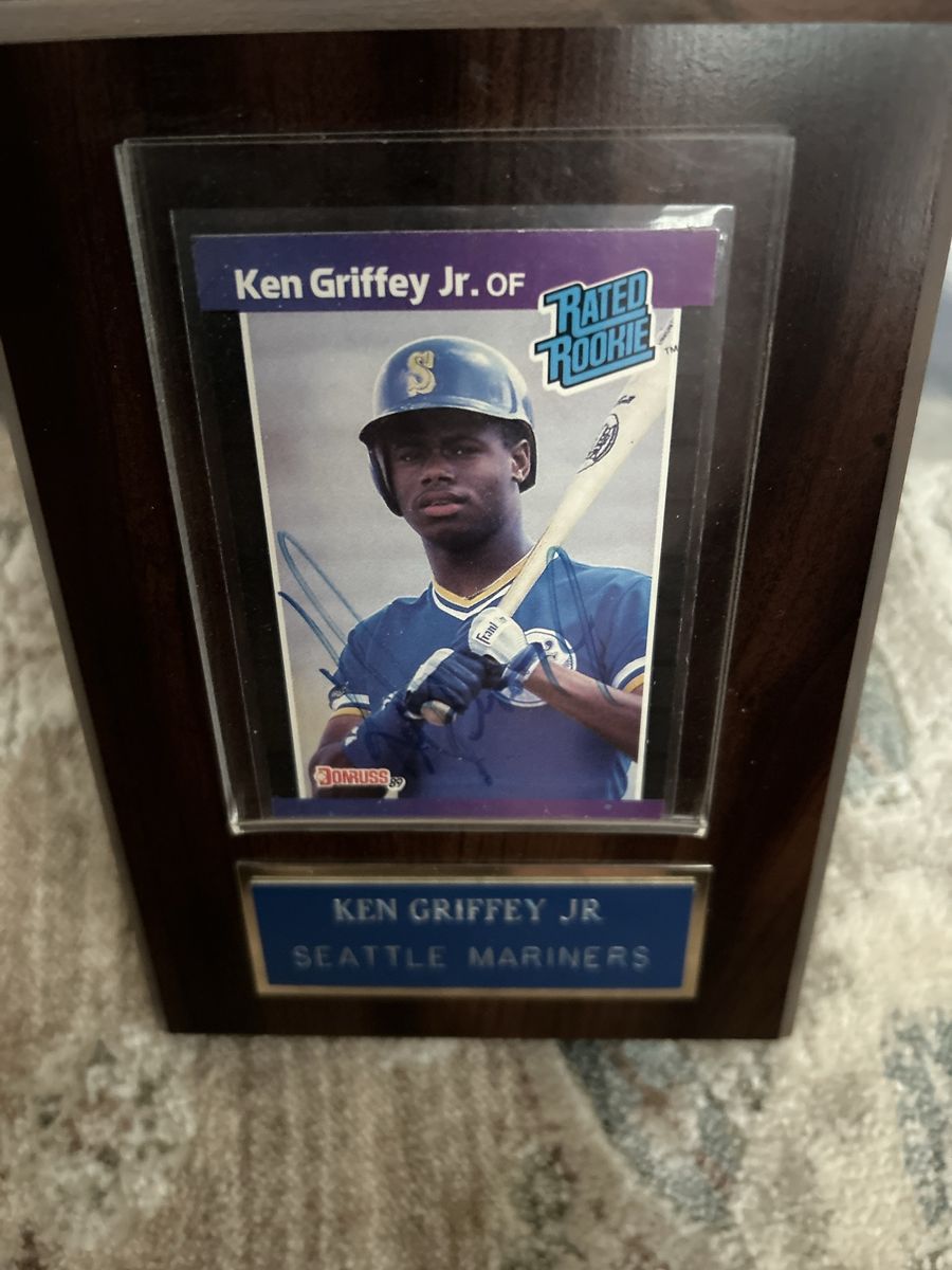 1989 Donruss Ken Griffey Jr. Autographed Rated Rookie Baseball Card - MLB Seattle Mariners, Mounted Wood Display Hand Signed
