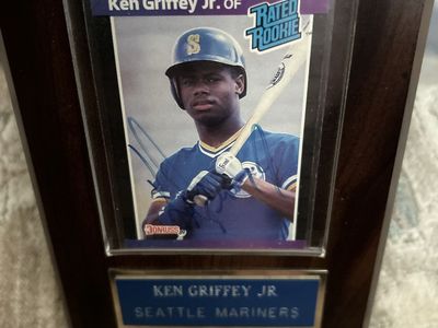 1989 Donruss Ken Griffey Jr. Autographed Rated Rookie Baseball Card - MLB Seattle Mariners, Mounted Wood Display Hand Signed