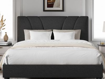 Brand New Full Size Upholstered Platform Bed Frame - Dark Grey with Headboard