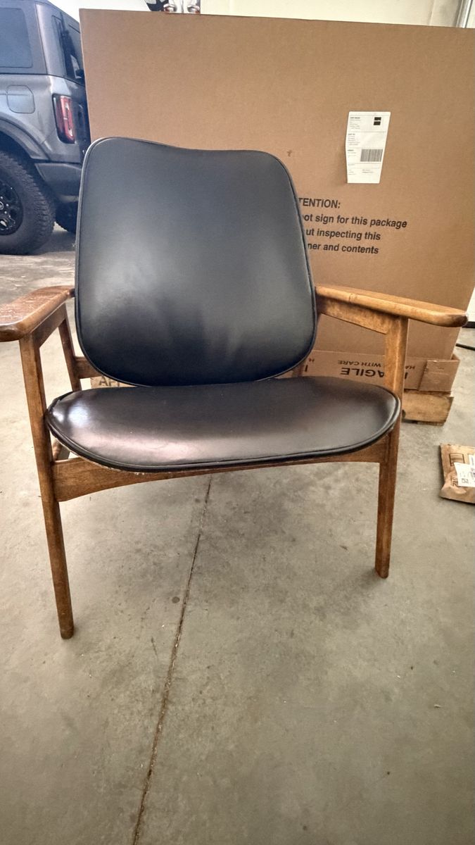 Vintage Mid-Century Modern Wooden Chair with Black Faux Leather Cushion