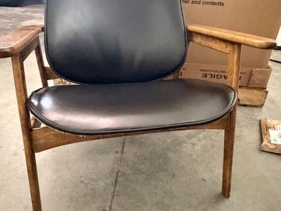 Vintage Mid-Century Modern Wooden Chair with Black Faux Leather Cushion