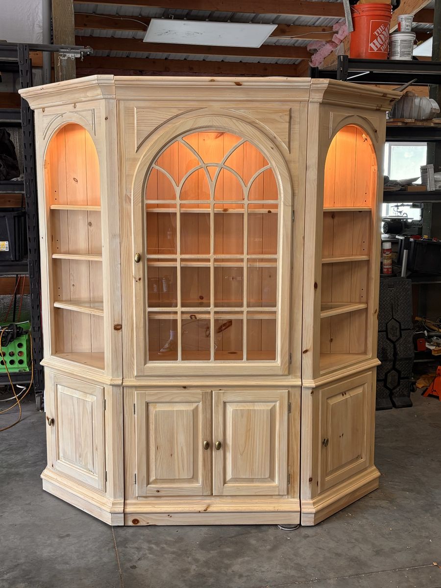 Large Pine Display Cabinet with Glass Door & Shelves - light/natural finish