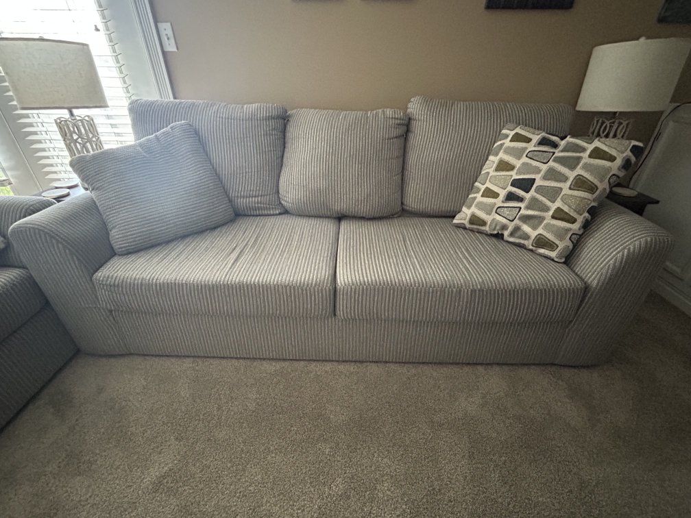 Cozy Light Gray Corduroy Fabric Loveseat with Accent Pillow