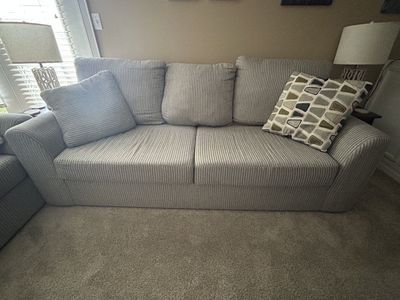 Cozy Light Gray Corduroy Fabric Loveseat with Accent Pillow