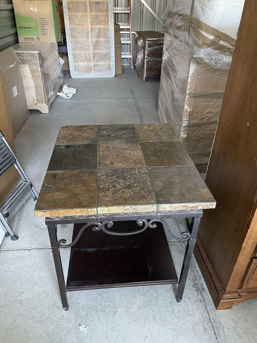 Slate Top End Table with Metal Scrollwork Frame and Lower Shelf