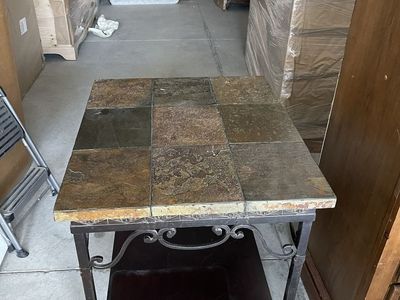 Slate Top End Table with Metal Scrollwork Frame and Lower Shelf
